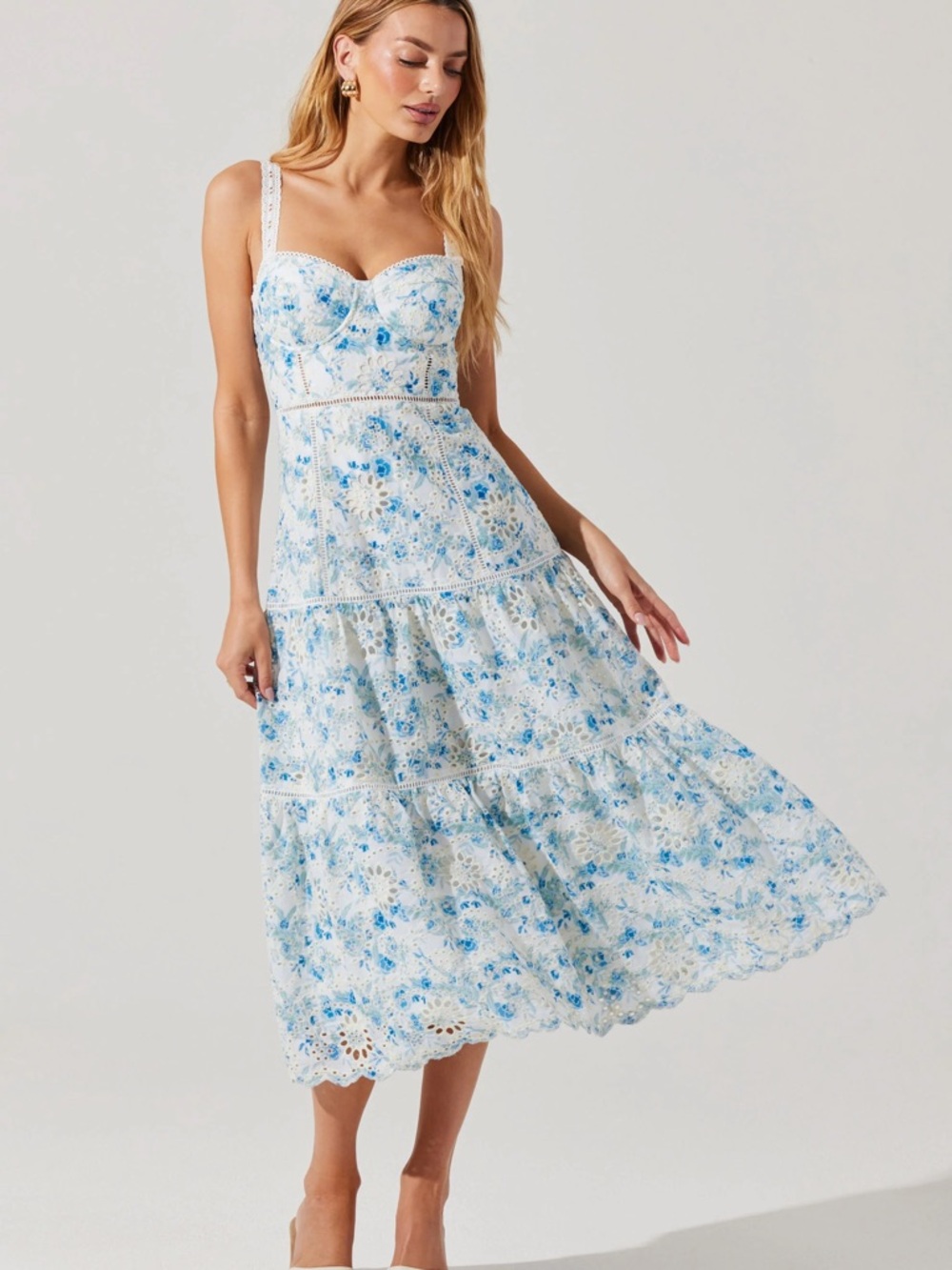 ASTR the Label Pellagia Dress- Blue Floral Lace Tiered Midi Dress